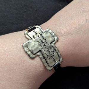 Silver Tone Inspirational Quote Cross On Brown Leather Cord Statement Bracelet